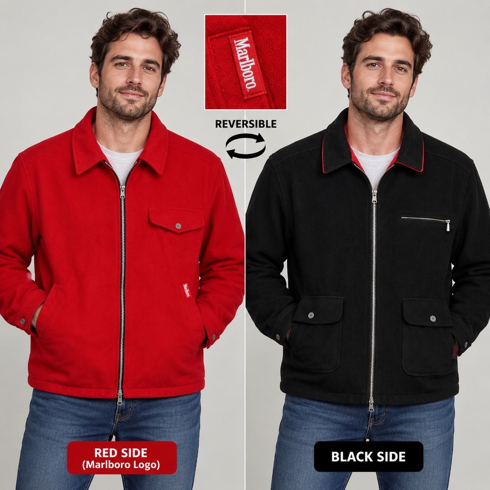 Vintage Marlboro Reversible Wool Jacket Red Black Mens Large XL 90s Field Coat